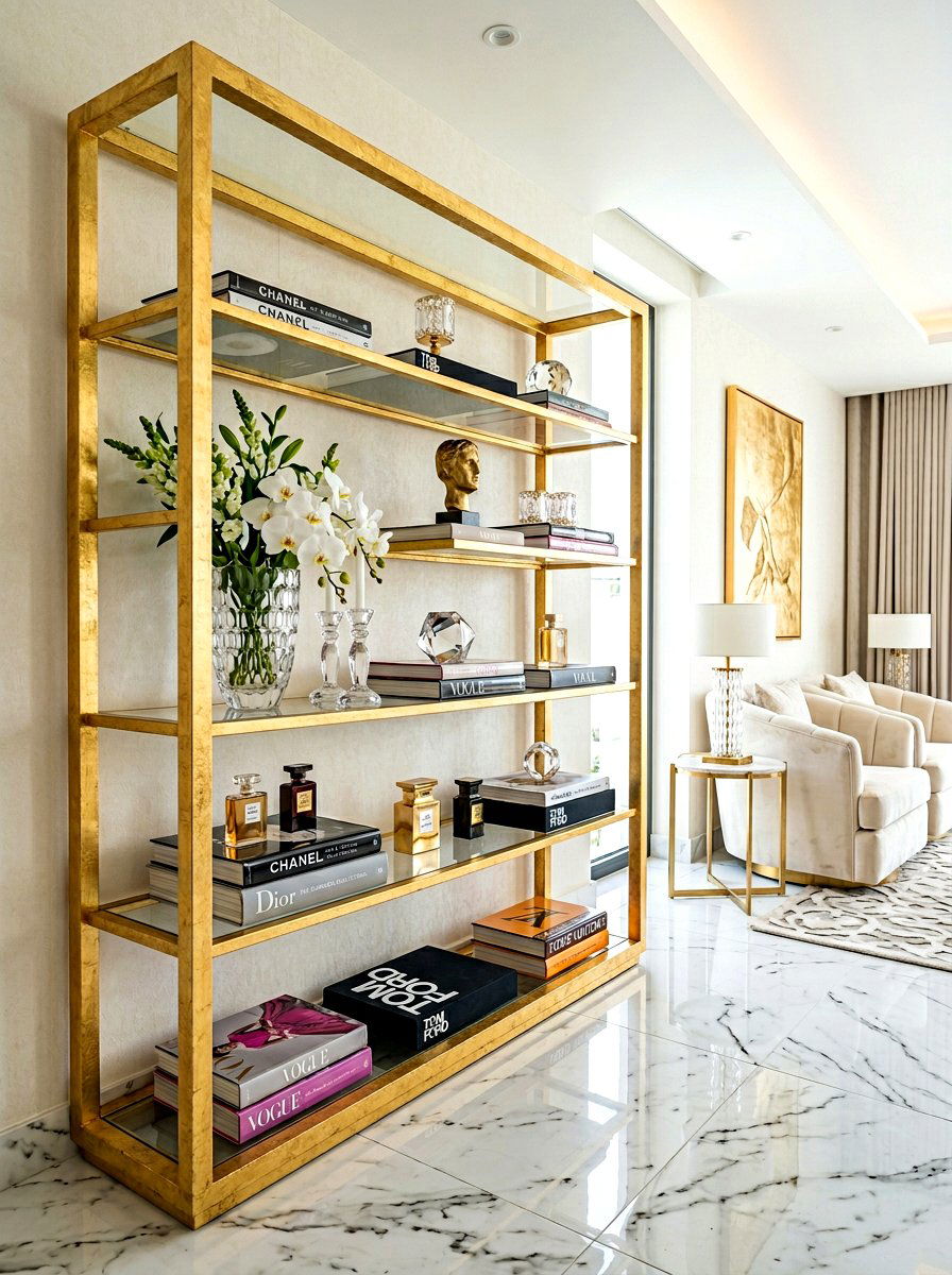 Metallic Accent Glamorous Shelving - 30 bookshelf styling ideas