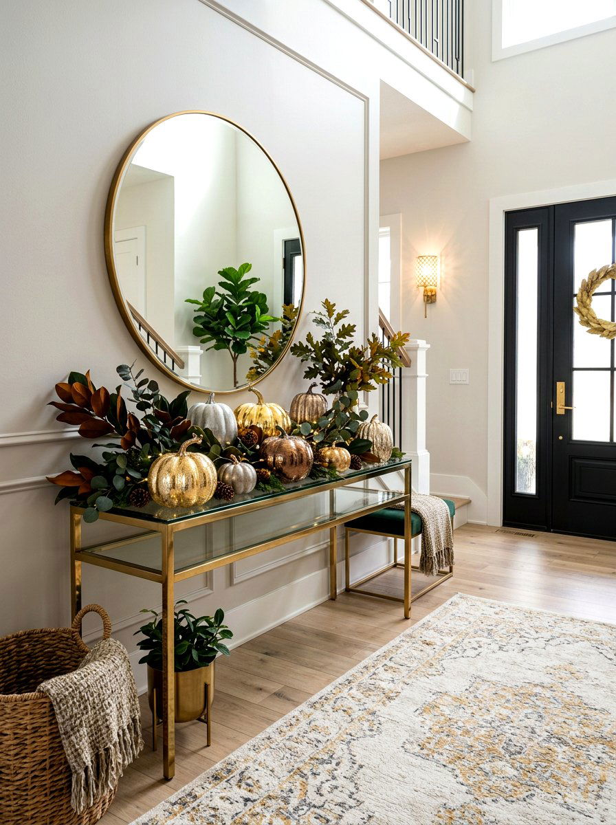 Metallic Accents Fall Entryway - 30 Thanksgiving entry table ideas