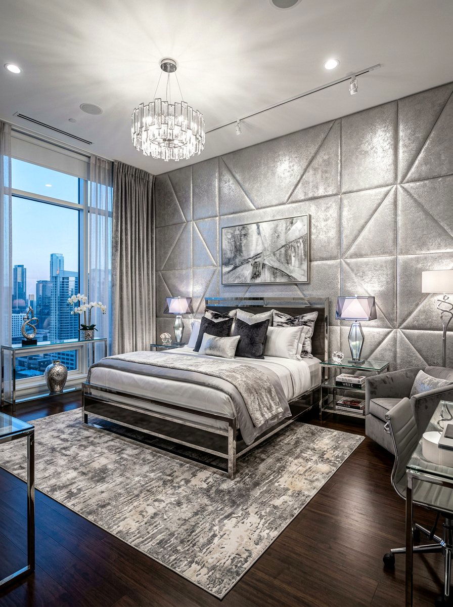 Metallic Fabric Upholstered Wall - 30 upholstered wall bedroom ideas