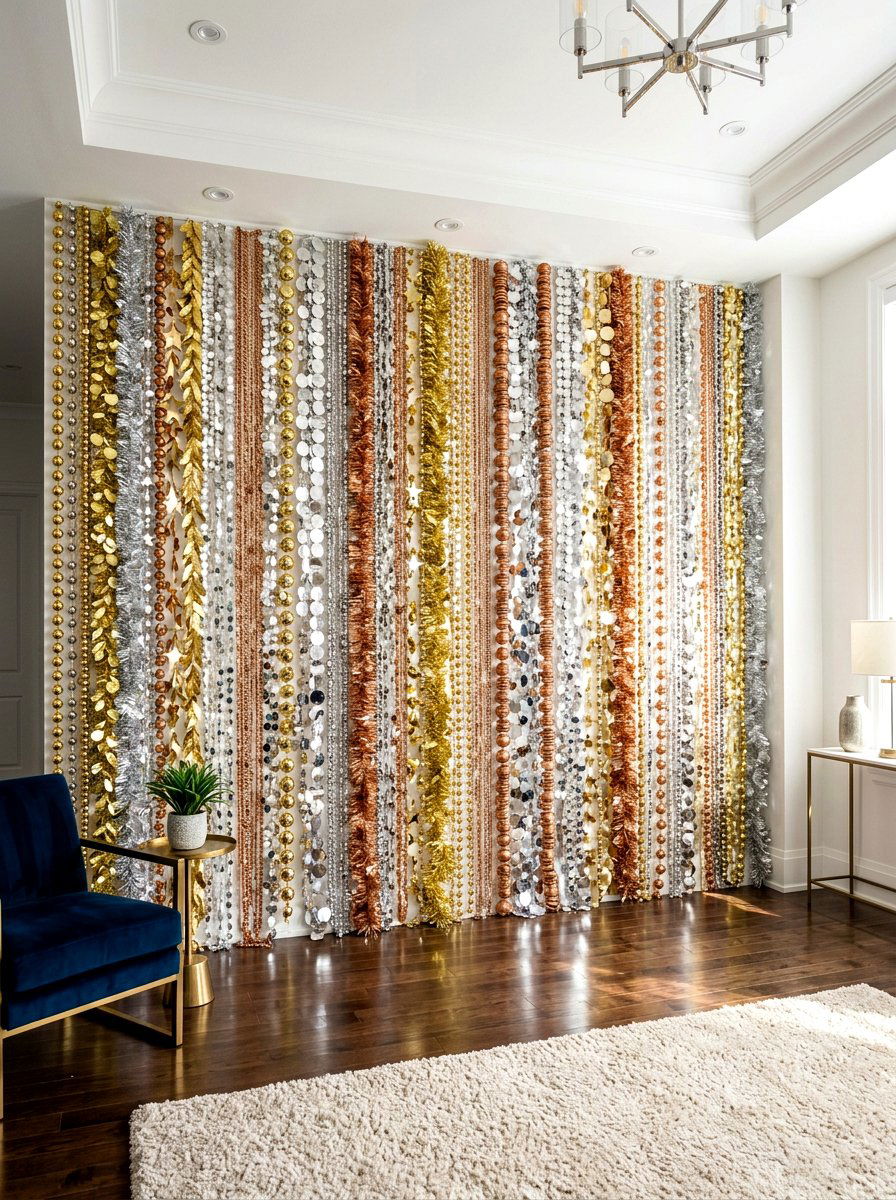 Metallic Garland Wall - 30 metallic holiday decor ideas