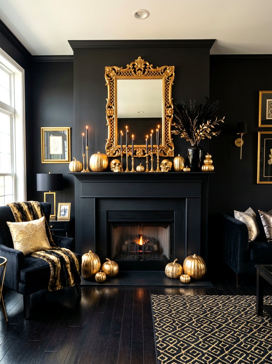 Metallic Gold Accents - 30 Halloween mantel decor ideas