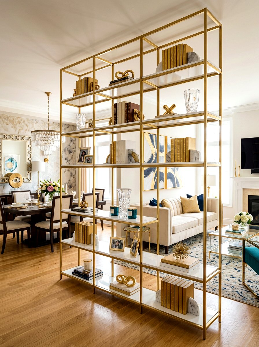 Metallic Gold Frame Bookshelf - 30 bookshelf divider apartment ideas