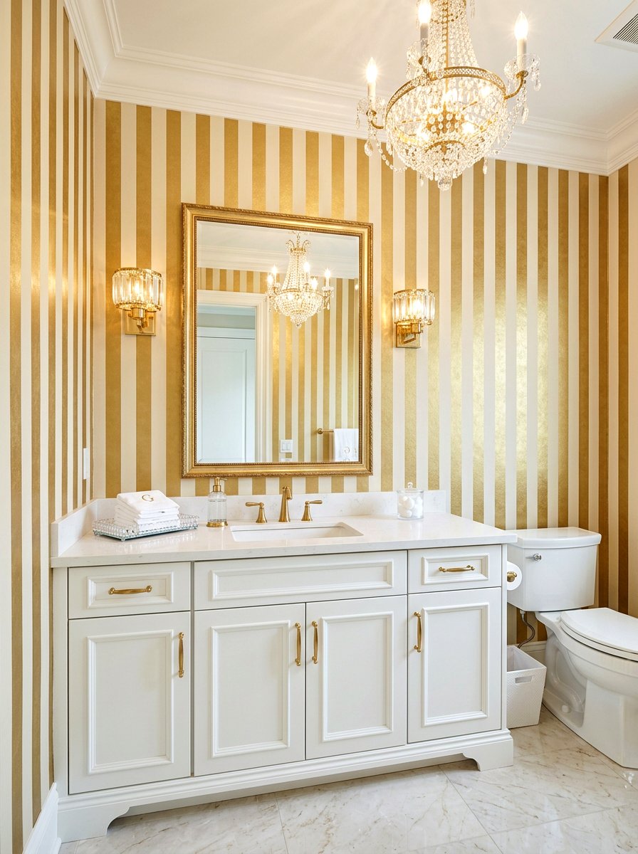 Metallic Gold Striped Guest Bathroom - 30 striped bathroom wallpaper ideas