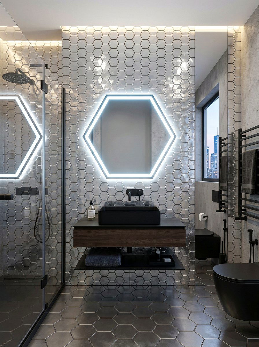 Metallic Hex Tile Bathroom - 30 hex tile bathroom ideas