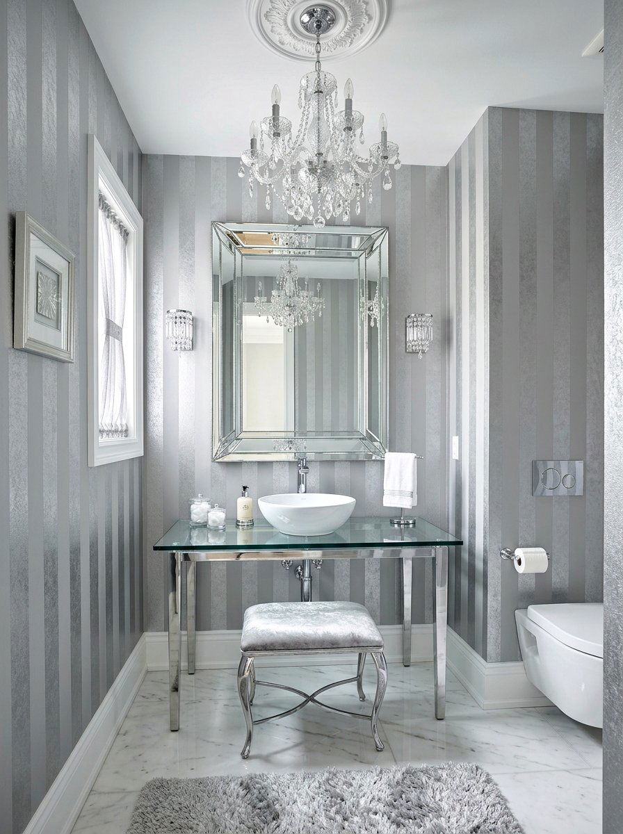 Metallic Silver Gray Stripe Bath - 30 stripe powder bath ideas