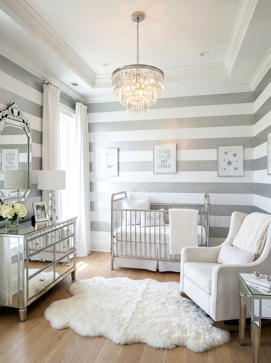 Metallic Silver Stripe Nursery - 30 stripe nursery wallpaper ideas