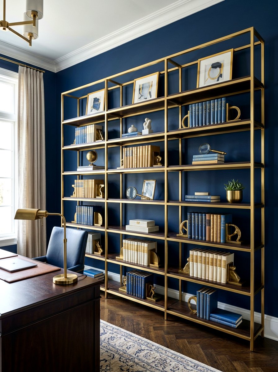 Metallic accent office shelving - 30 office bookshelf styling ideas