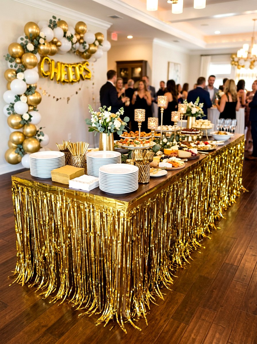 Metallic fringe table skirt - 30 New Year table decor ideas