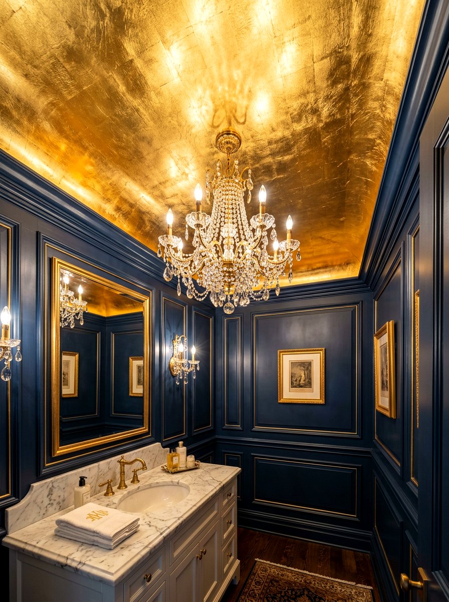 Metallic gold ceiling powder room - 30 jewel box powder room ideas