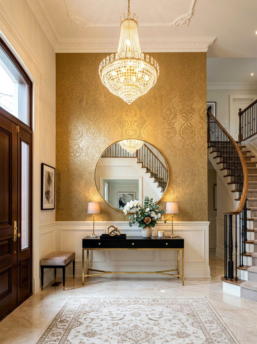Metallic gold wallpaper entryway - 30 wallpaper accent wall ideas