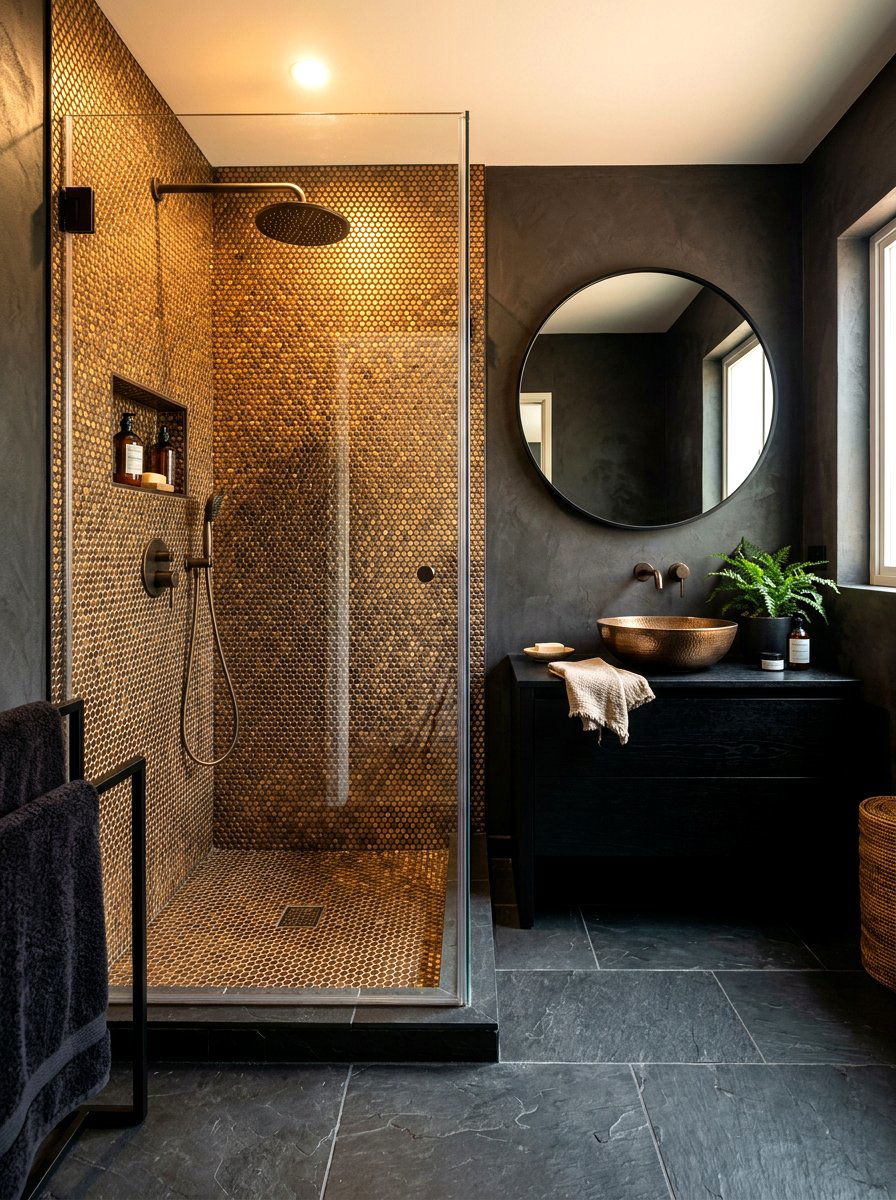 Metallic penny tile shower - 30 penny tile bathroom ideas