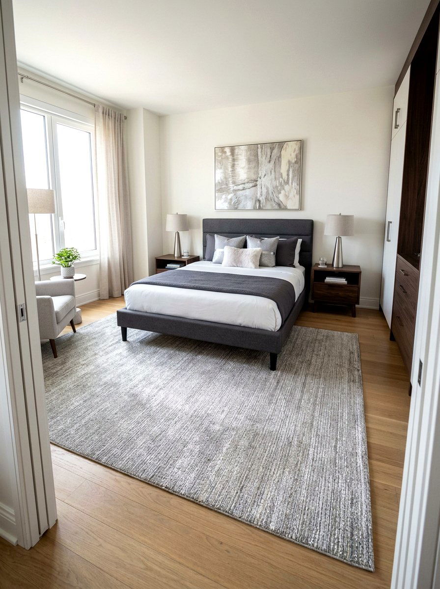 Metallic silver area rug - 30 silver chrome bedroom ideas