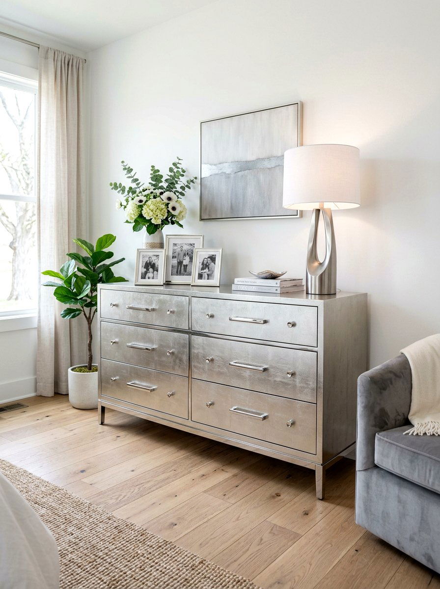 Metallic silver dresser - 30 silver chrome bedroom ideas