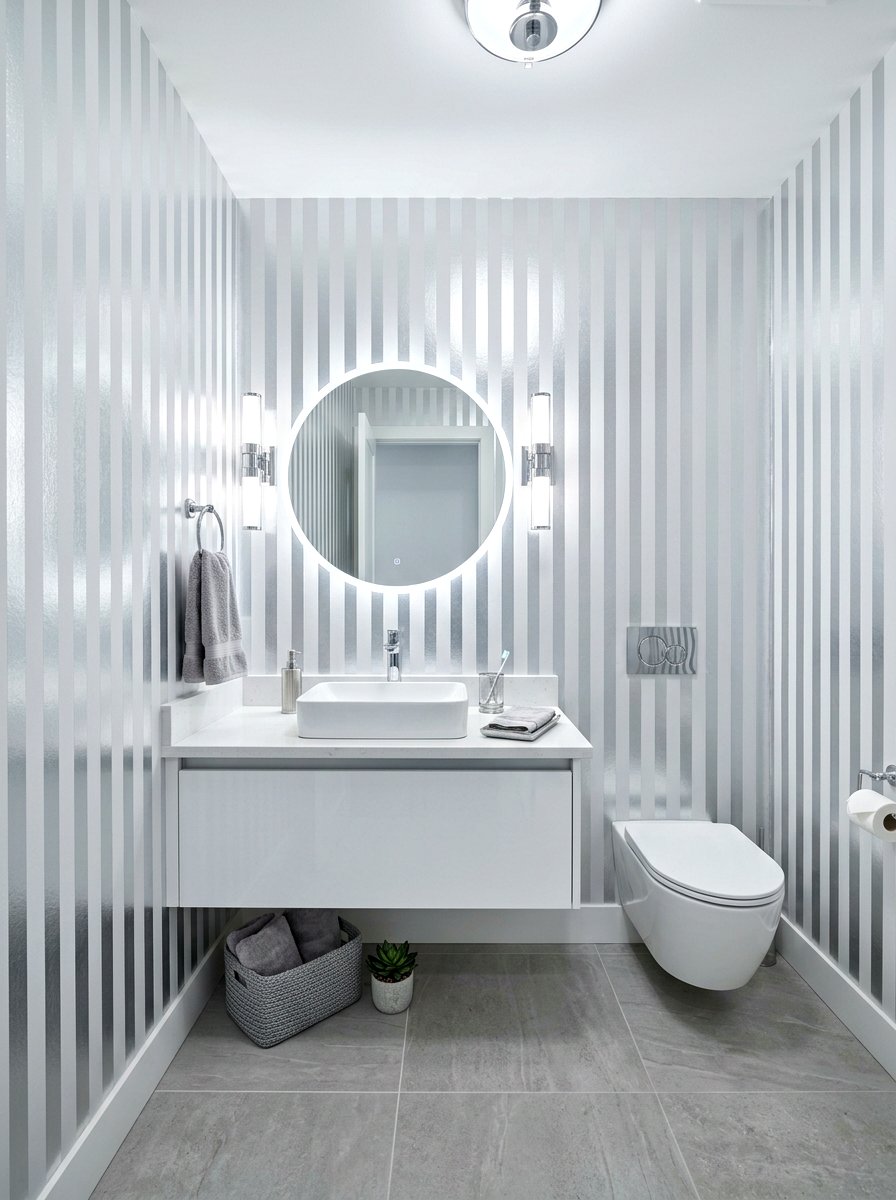 Metallic silver striped walls - 30 striped powder room ideas