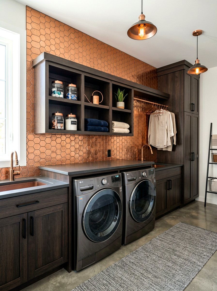 Metallic tile laundry wall - 30 laundry room backsplash ideas