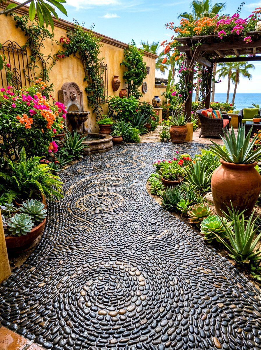 Mexican beach pebble mosaic - 30 garden rock ideas