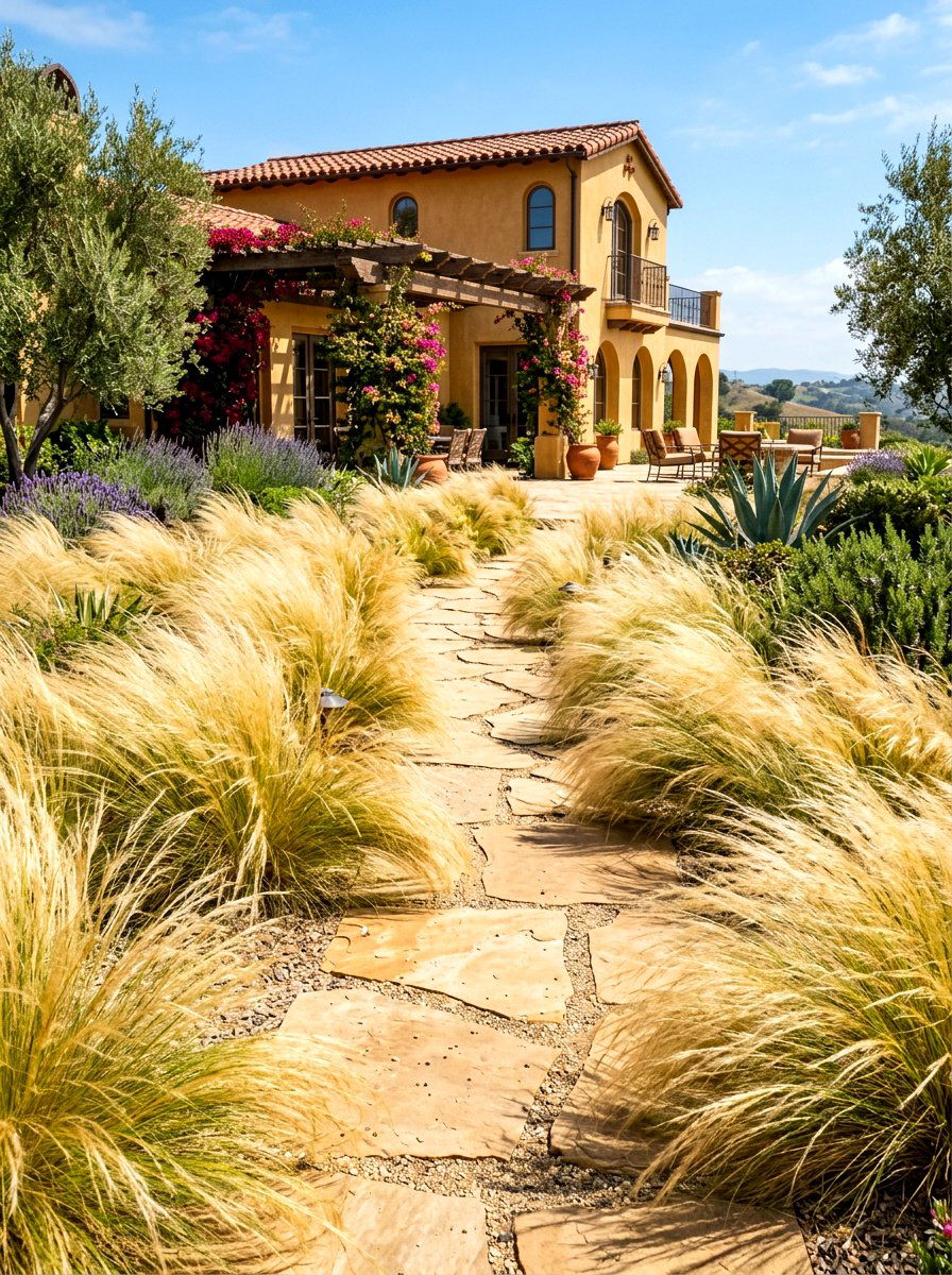 Mexican feather grass walkway edge - 30 ornamental grass border ideas