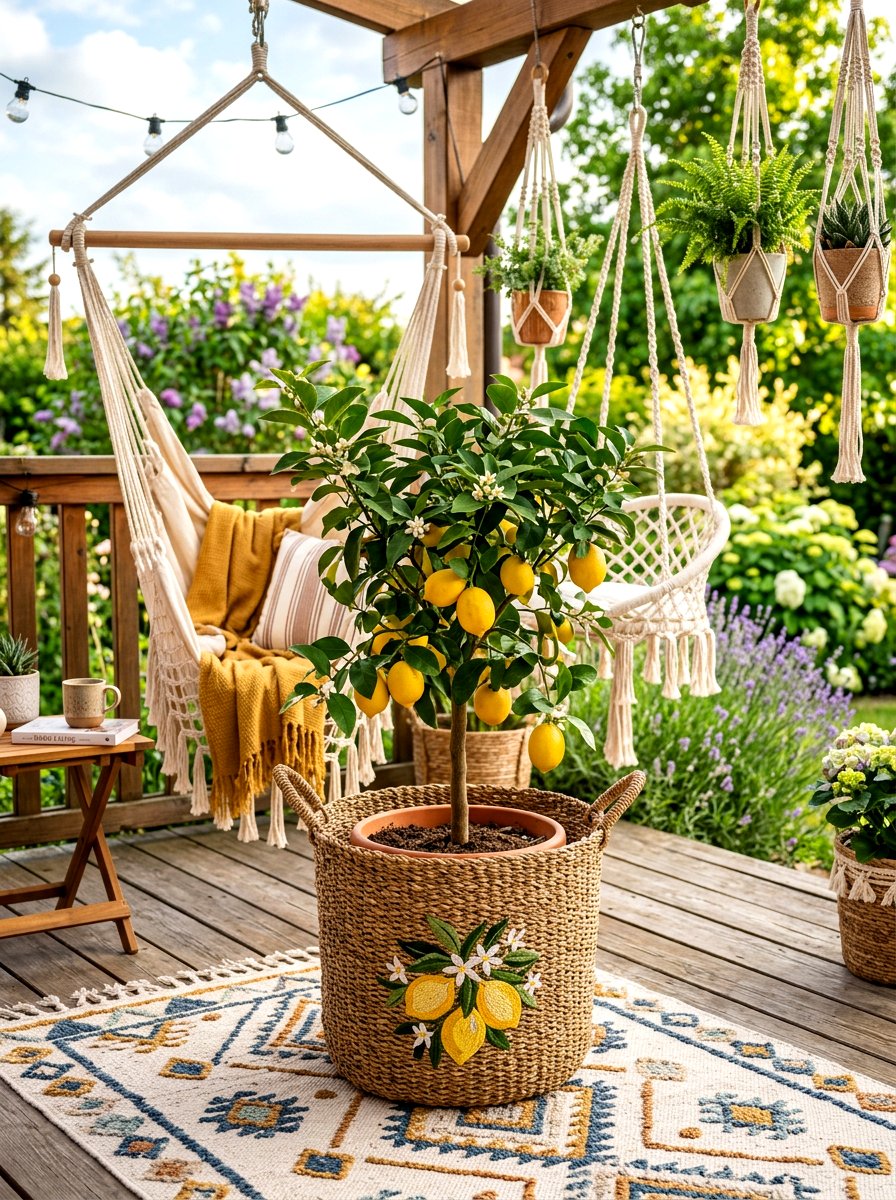 Meyer Lemon In Woven Basket Cover - 30 potted citrus patio ideas