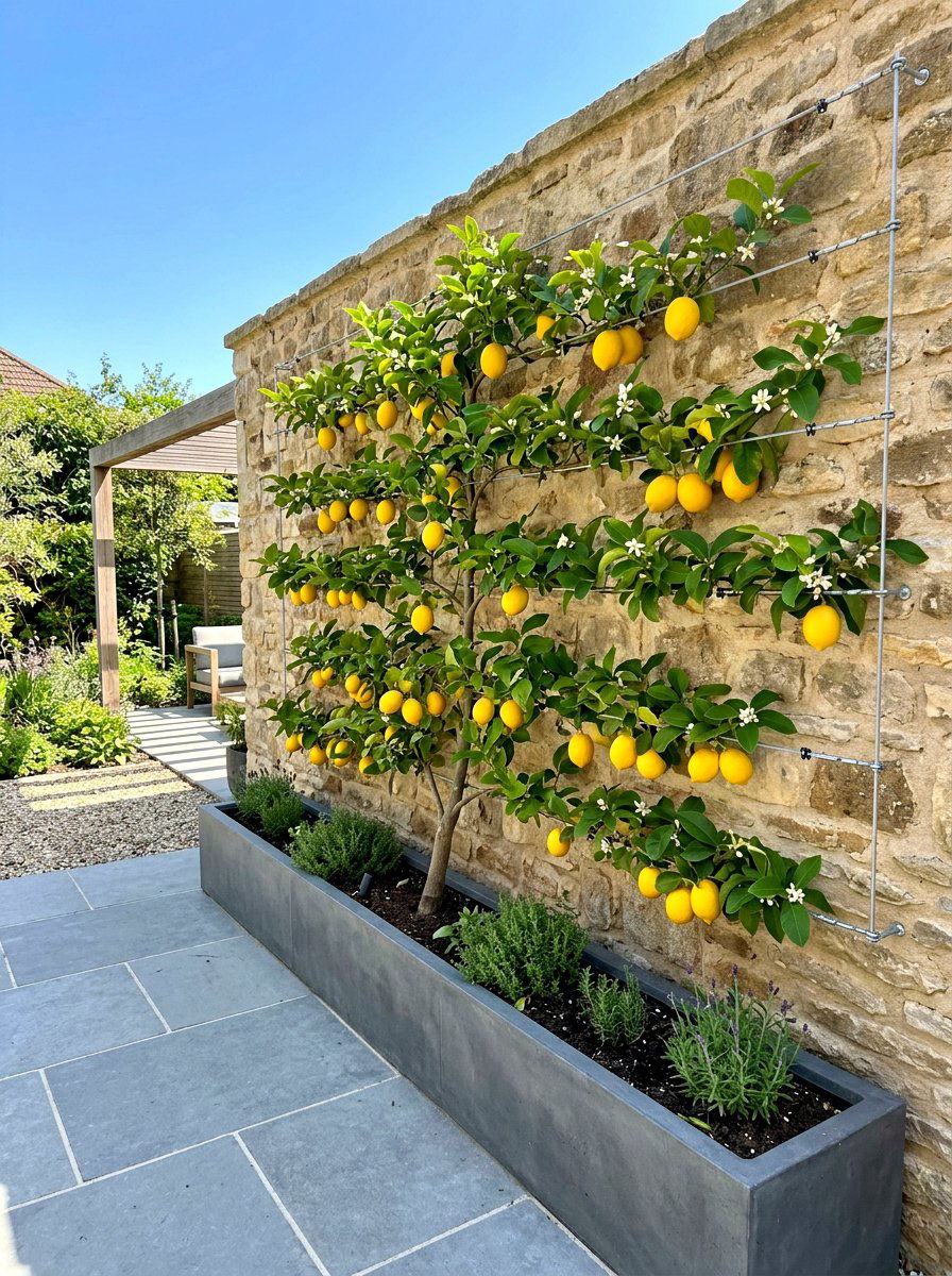 Meyer Lemon Tree Espalier Wall Design - 30 citrus patio tree ideas