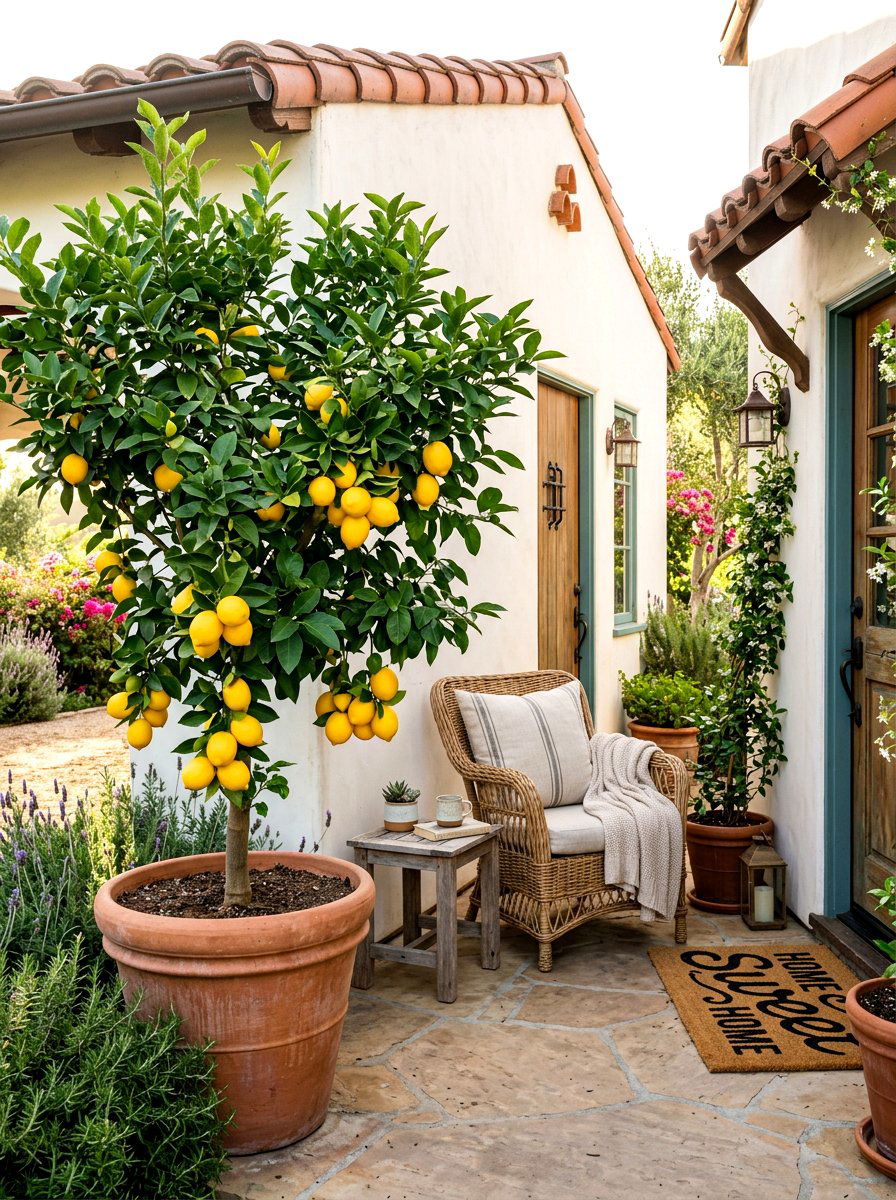 Meyer Lemon Tree Front Porch - 30 potted citrus front entry ideas