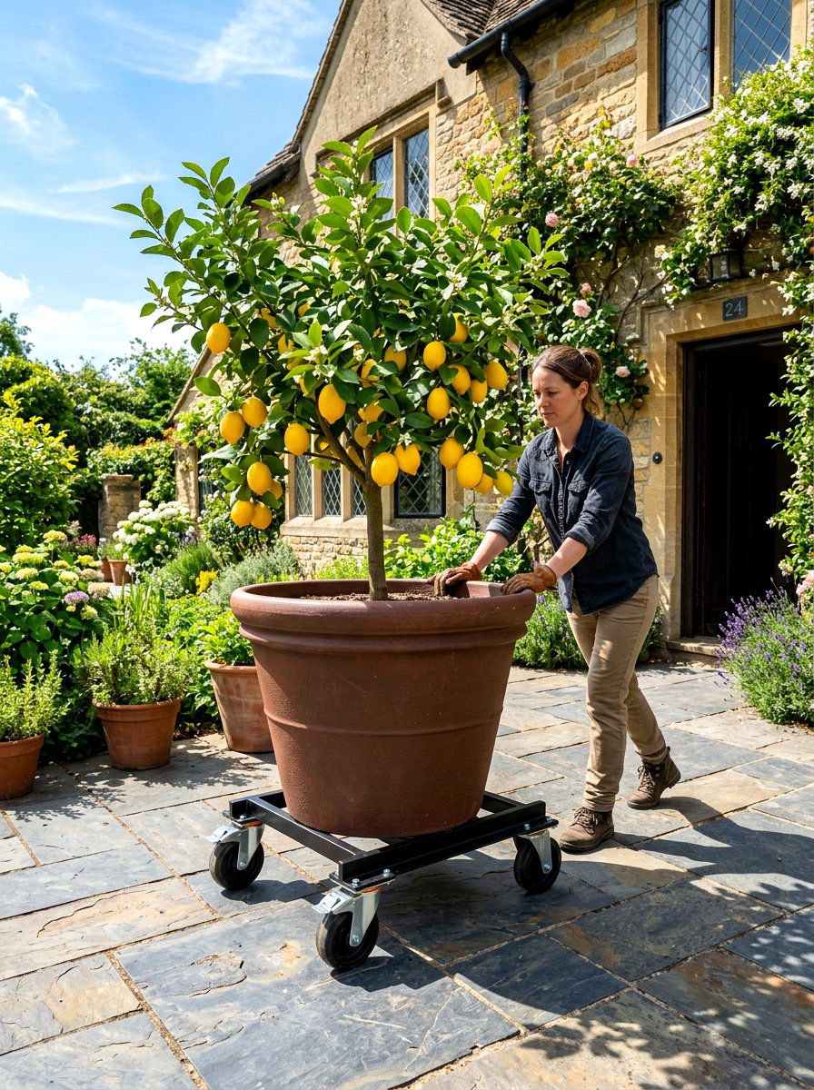Meyer Lemon Tree In Rolling Planter - 30 potted citrus patio ideas