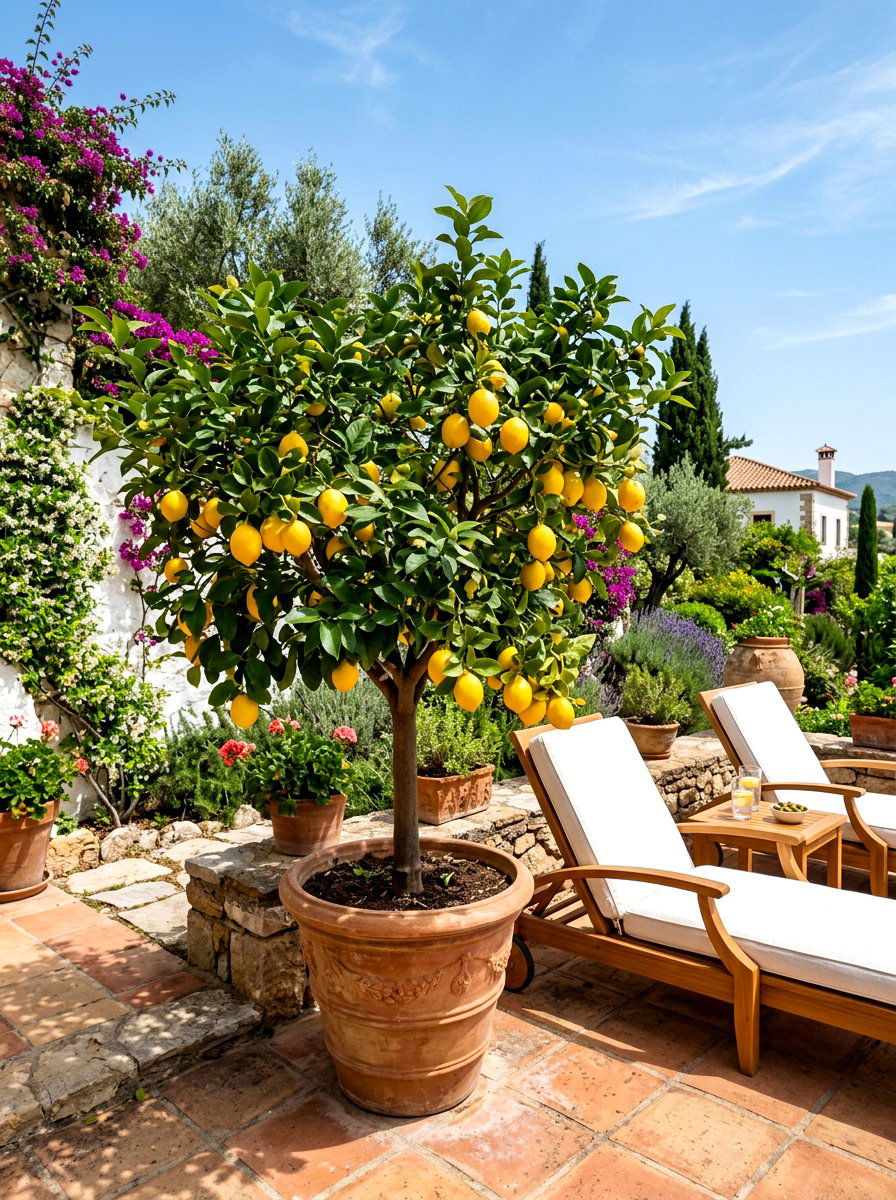 Meyer Lemon Tree On Sunny Patio - 30 potted citrus patio ideas
