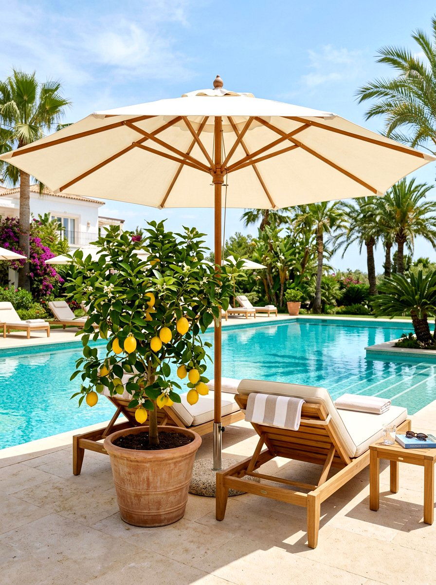 Meyer Lemon Tree Under Patio Umbrella - 30 potted citrus patio ideas