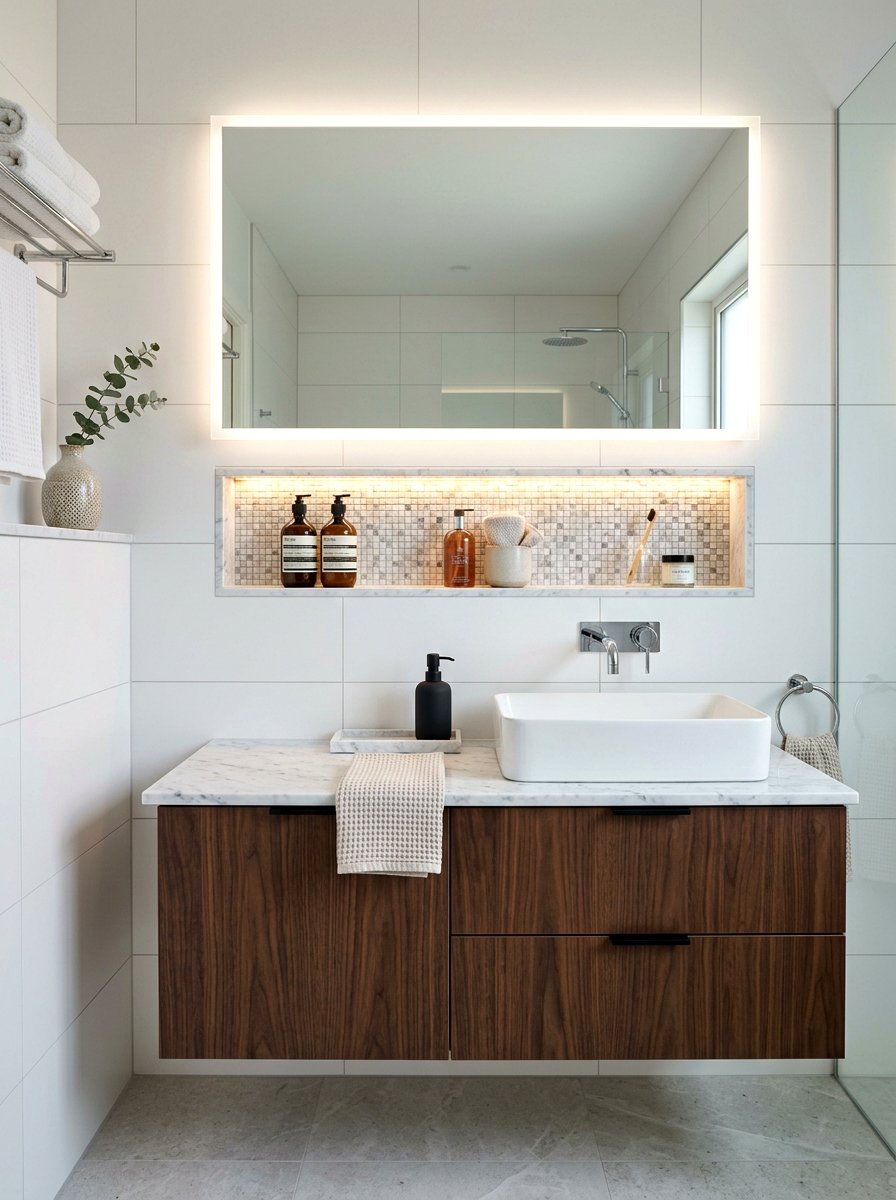 Micro Mosaic Marble Vanity Niche - 30 marble mosaic bathroom ideas