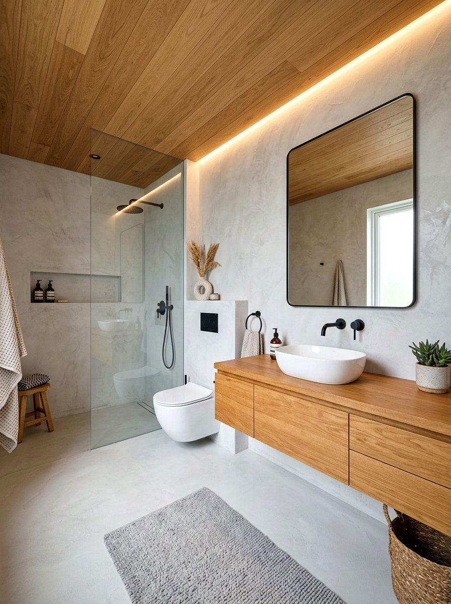 Microcement and wood bathroom - 30 microcement bathroom ideas