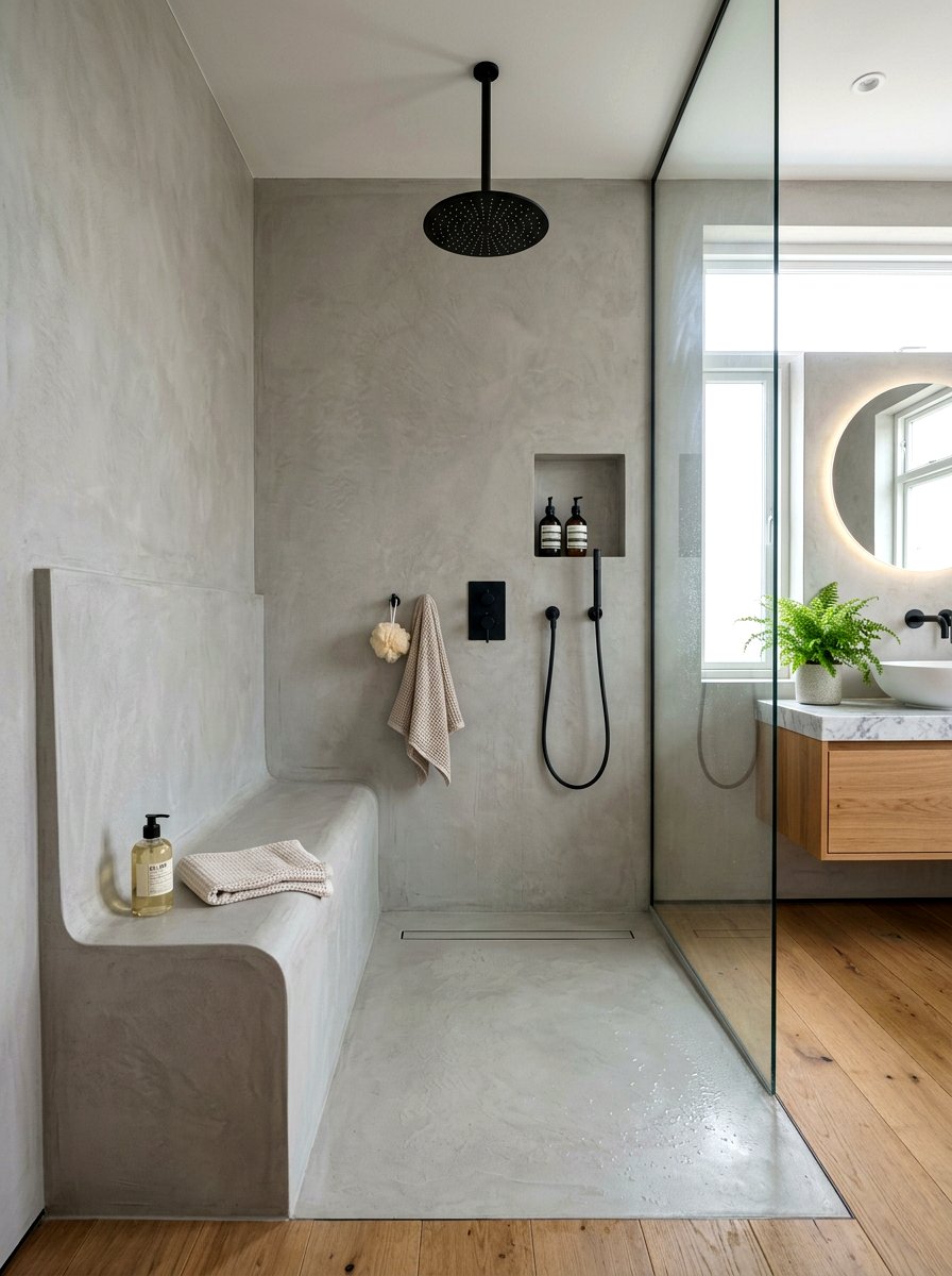 Microcement shower with bench - 30 microcement shower ideas