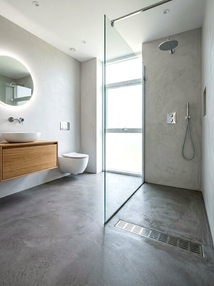 Microcement wet room floor - 30 microcement bathroom ideas