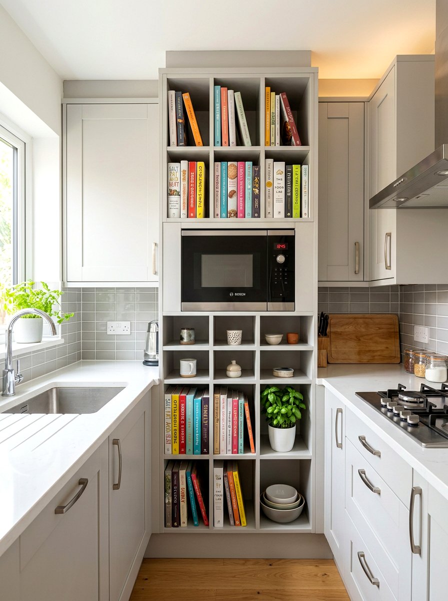 Microwave Surround Shelving - 30 physical cookbook kitchen ideas