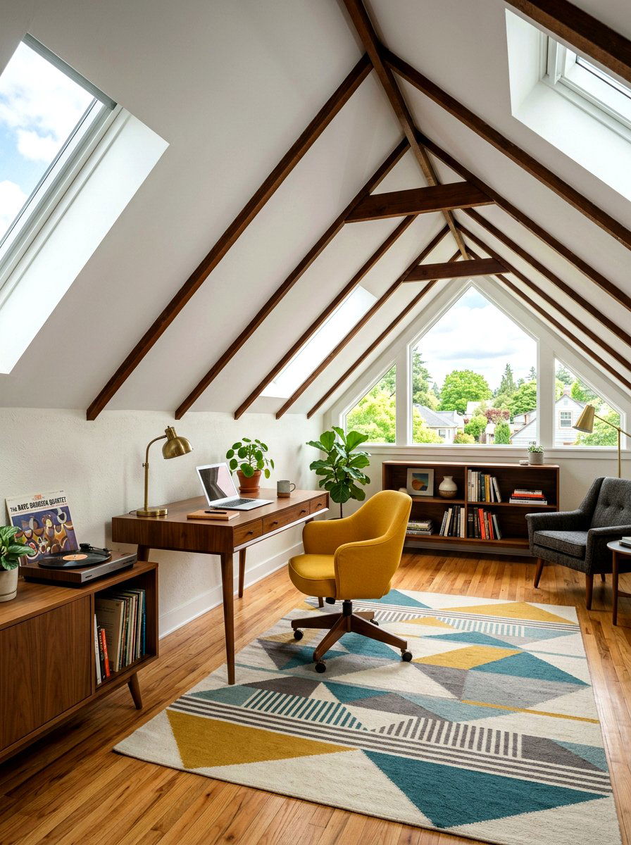 Mid Century Modern Attic Office - 30 sloped ceiling office ideas