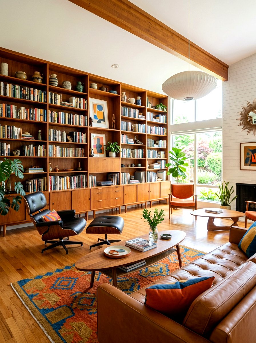 Mid Century Modern Book Wall - 30 book wall living room ideas