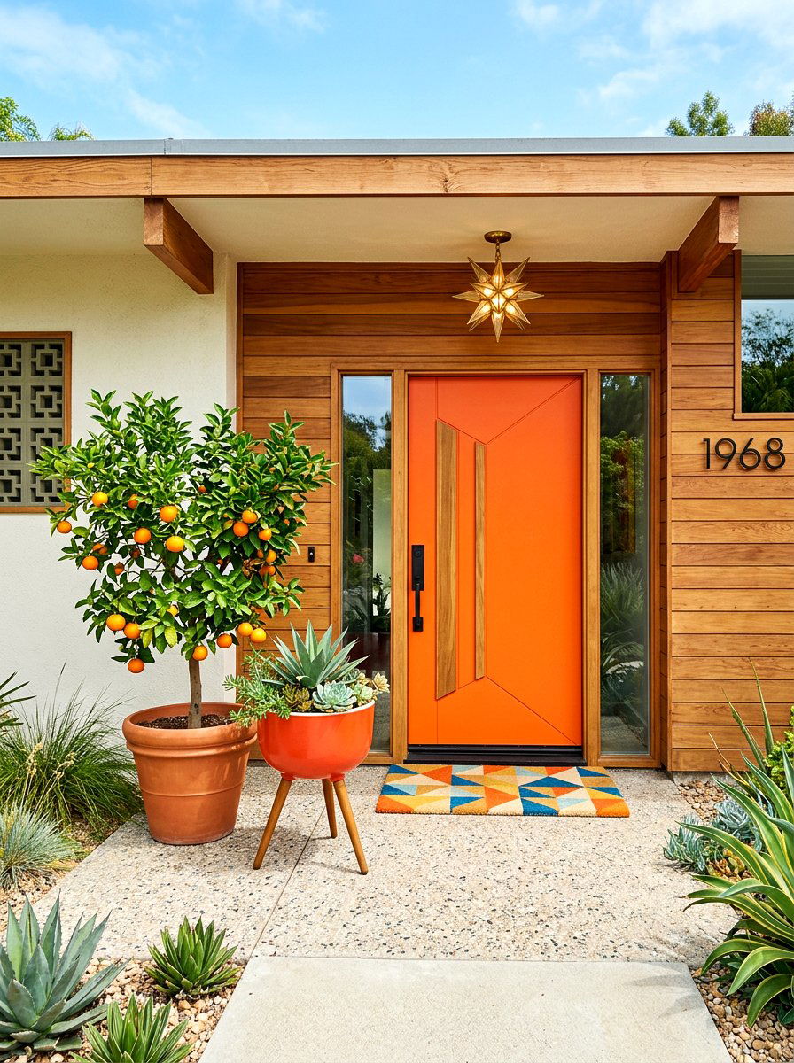 Mid Century Modern Citrus Entryway - 30 potted citrus front entry ideas
