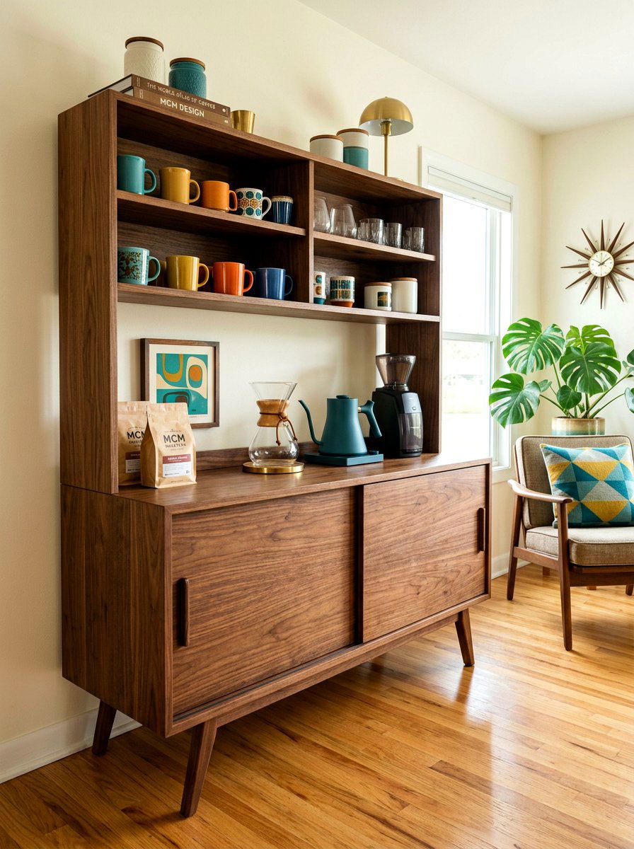 Mid Century Modern Coffee Bar - 30 coffee station shelf styling ideas