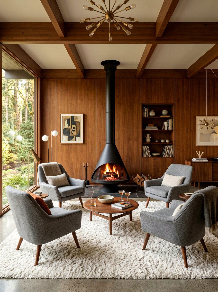 Mid Century Modern Fireplace Lounge - 30 retro home decor ideas