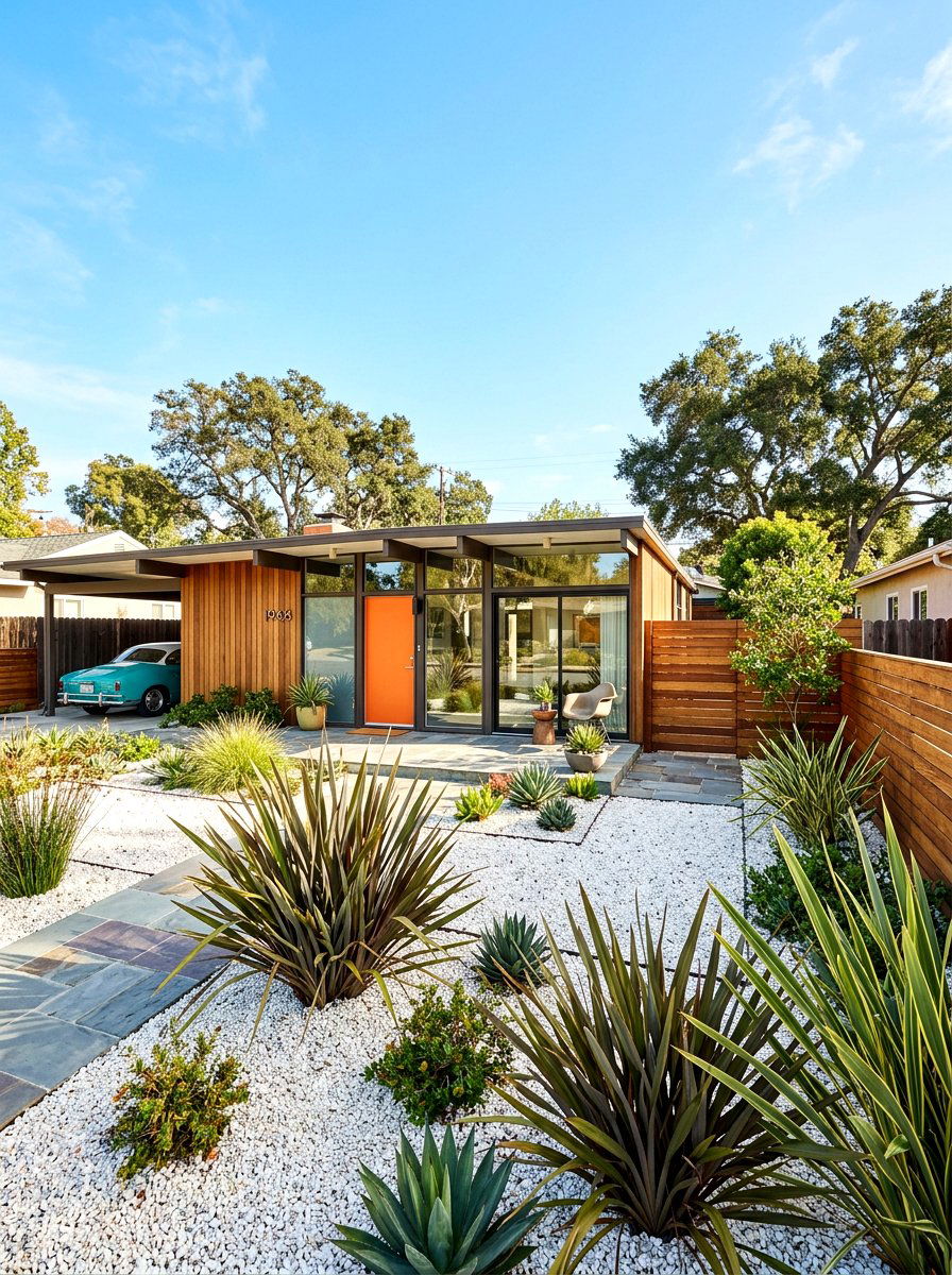 Mid Century Modern Garden - 30 white gravel front yard ideas