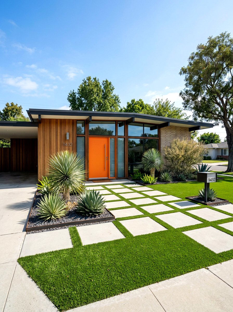 Mid Century Modern Grid - 30 artificial grass front yard ideas