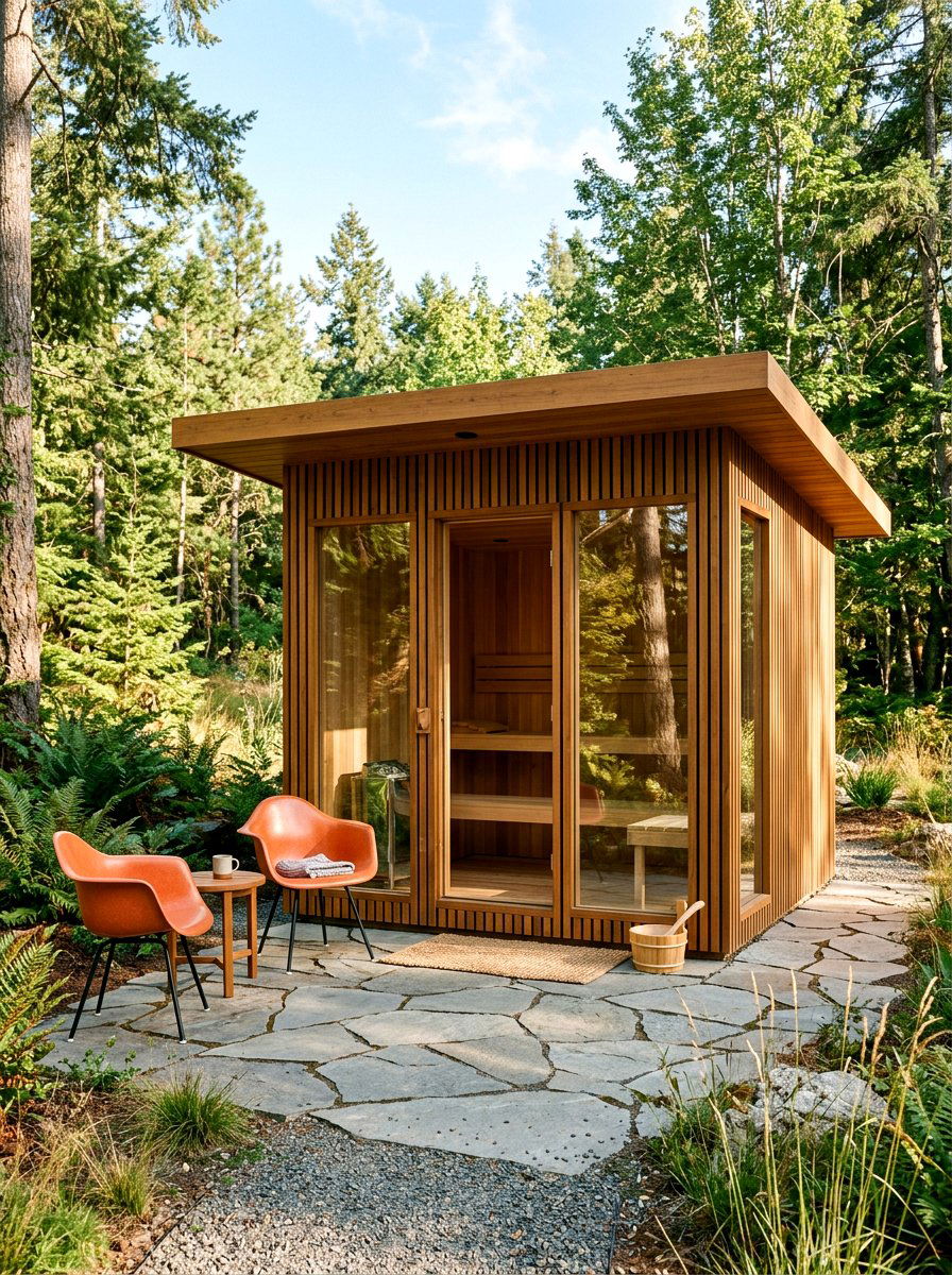 Mid Century Modern Slat Sauna - 30 sauna patio retreat ideas