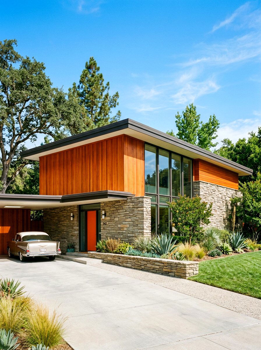 Mid Century Modern Stone And Wood Facade - 30 stone and wood exterior ideas