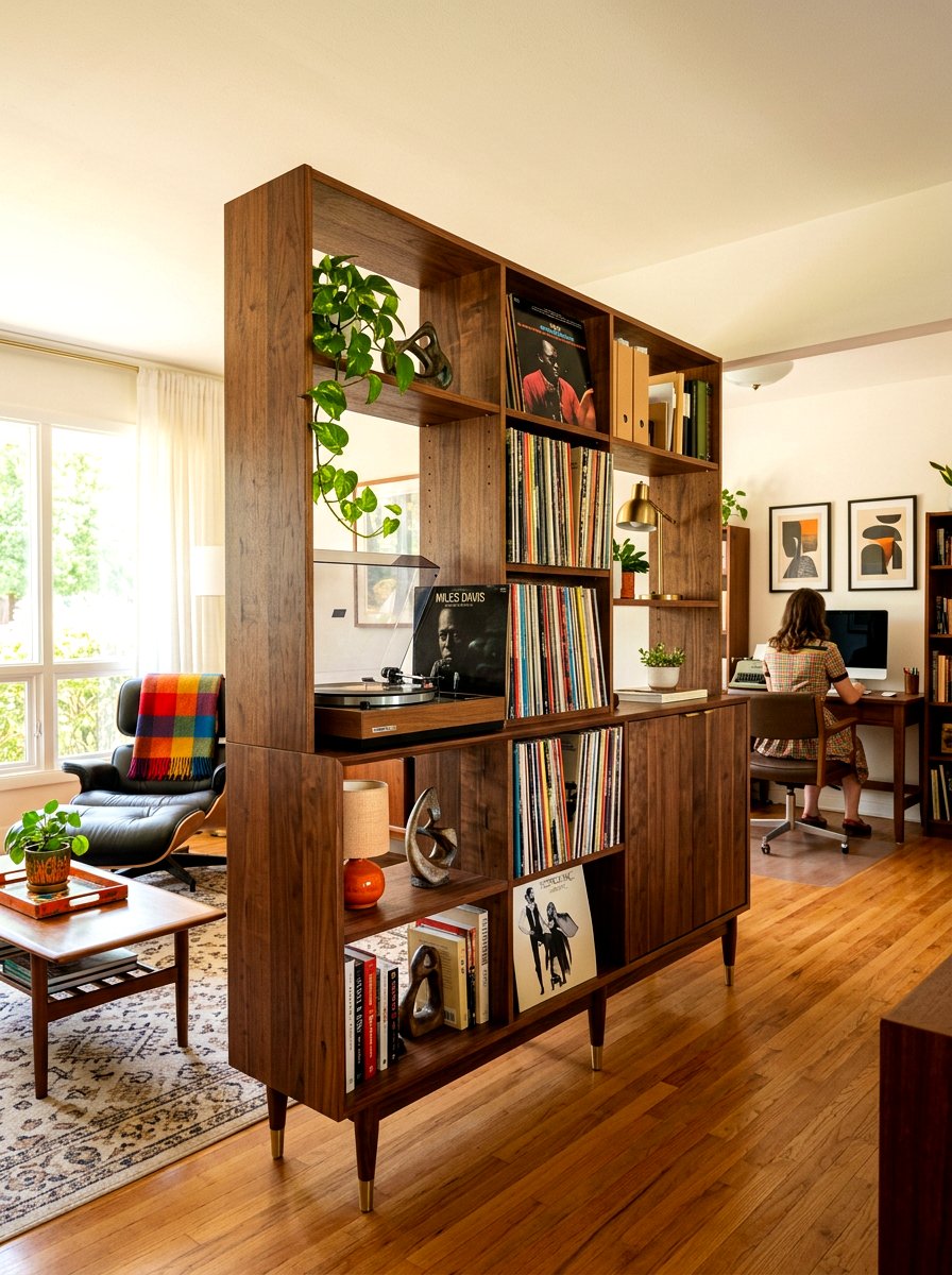 Mid Century Modern Storage Divider - 30 bookshelf divider apartment ideas