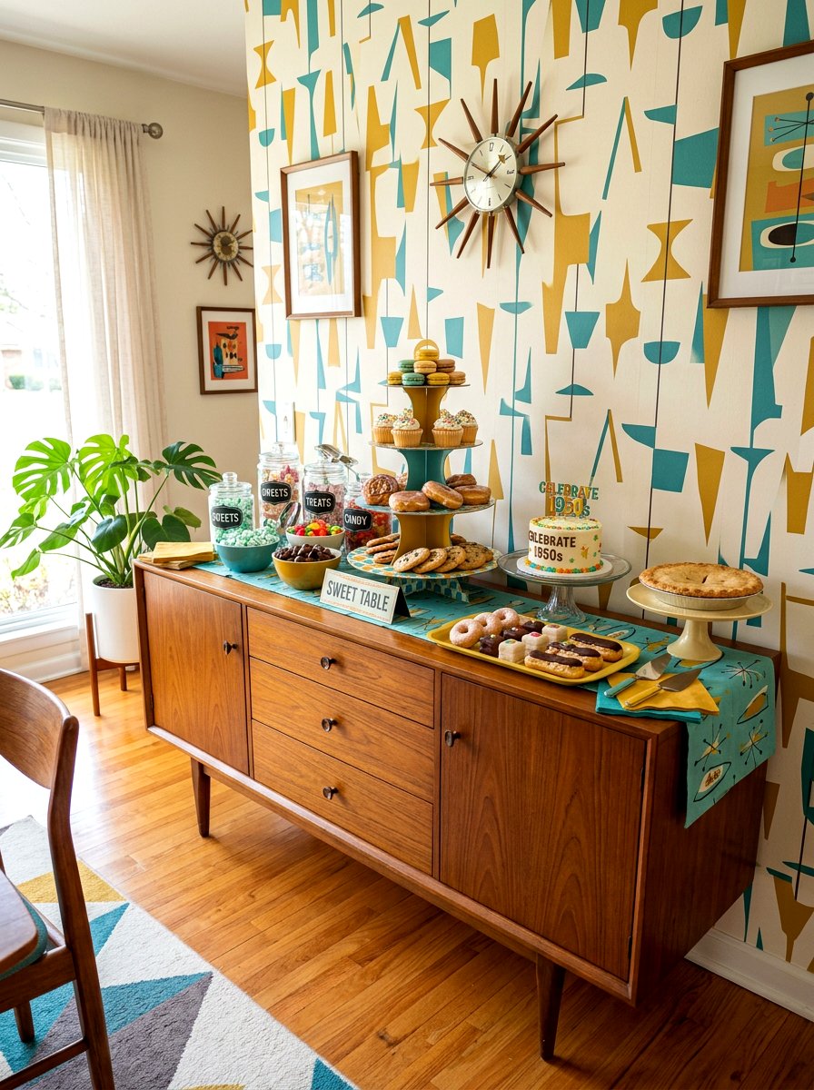 Mid Century Modern Sweet Table - 30 dessert station aesthetic ideas