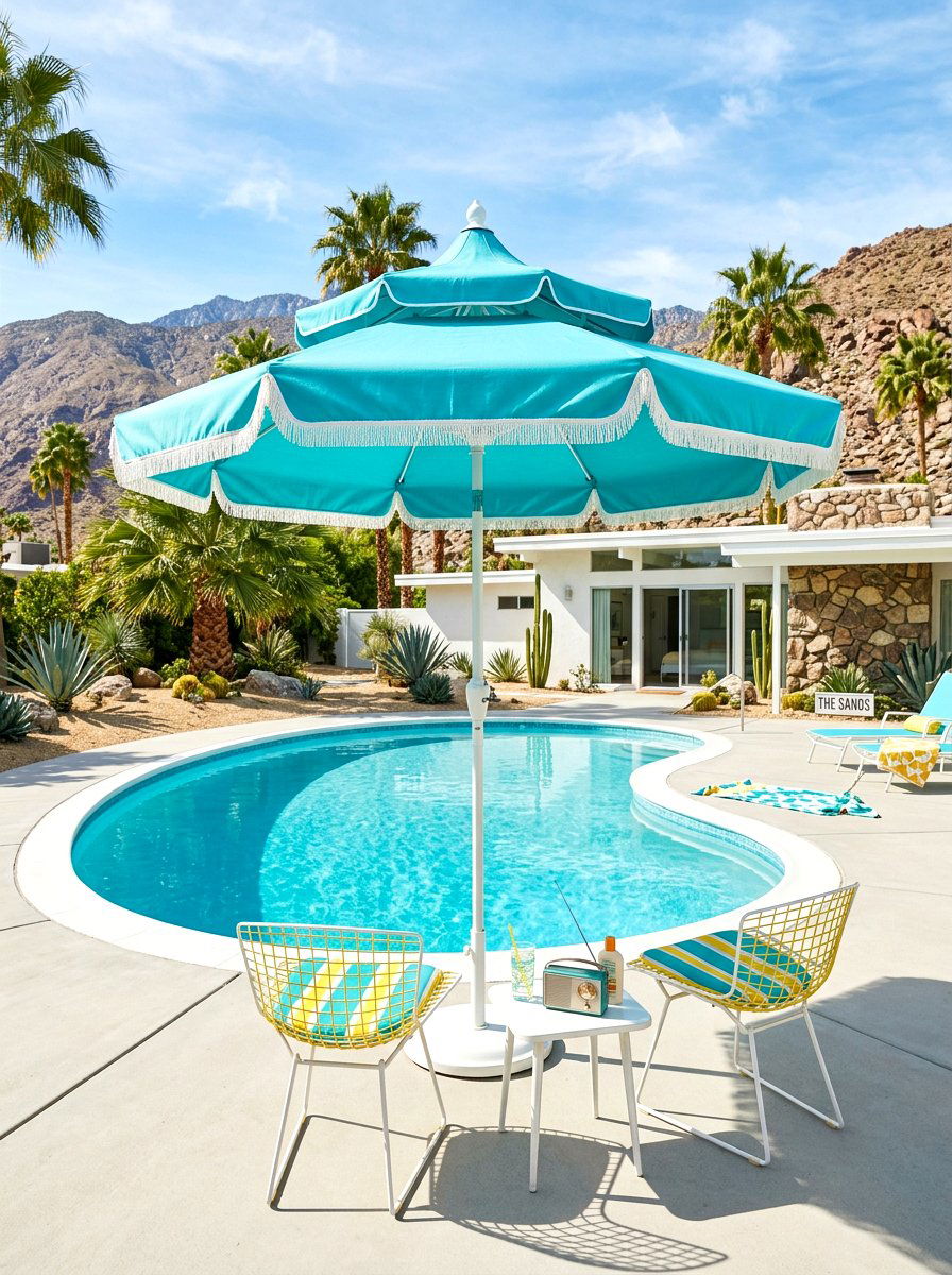 Mid Century Modern Umbrella - 30 poolside umbrella lounge ideas