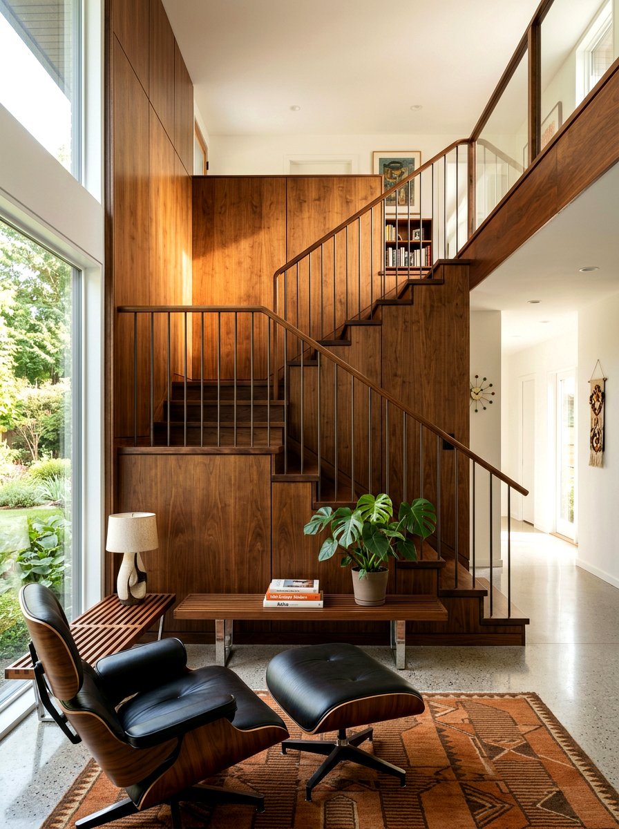 Mid Century Modern Walnut Panel - 30 staircase wall panel ideas