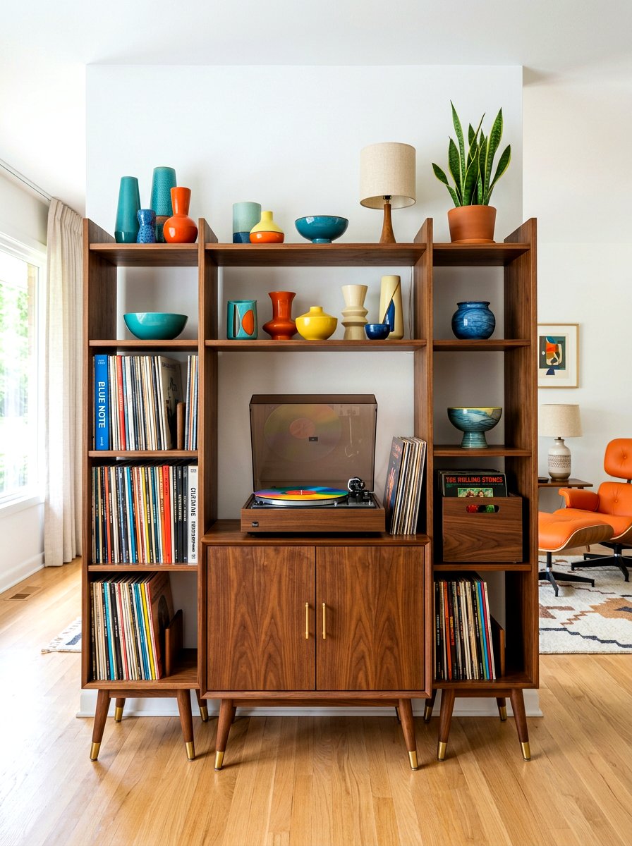 Mid Century Modern Walnut Shelving - 30 bookshelf styling ideas