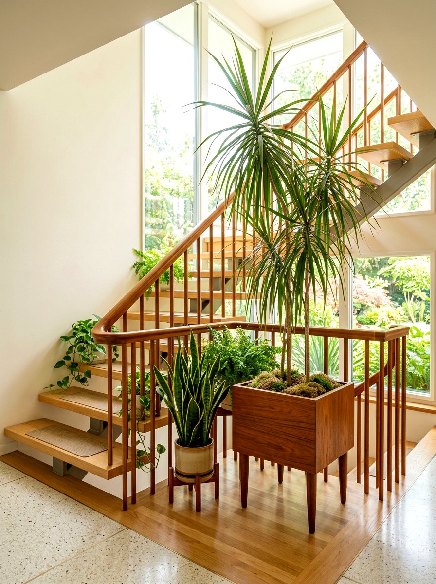 Mid Century Stairwell Plants - 30 stair landing plant nook ideas