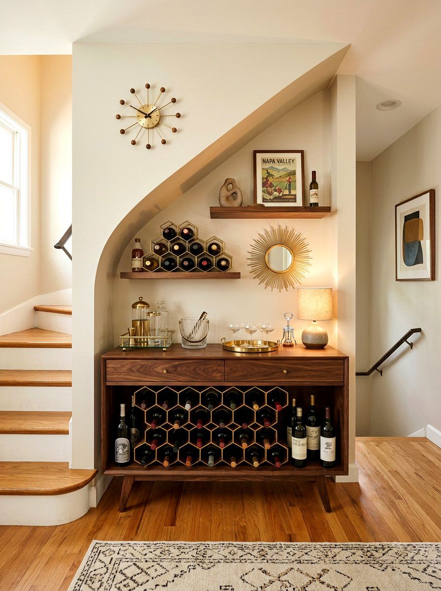 Mid Century Wine Station - 30 under stairs wine nook ideas