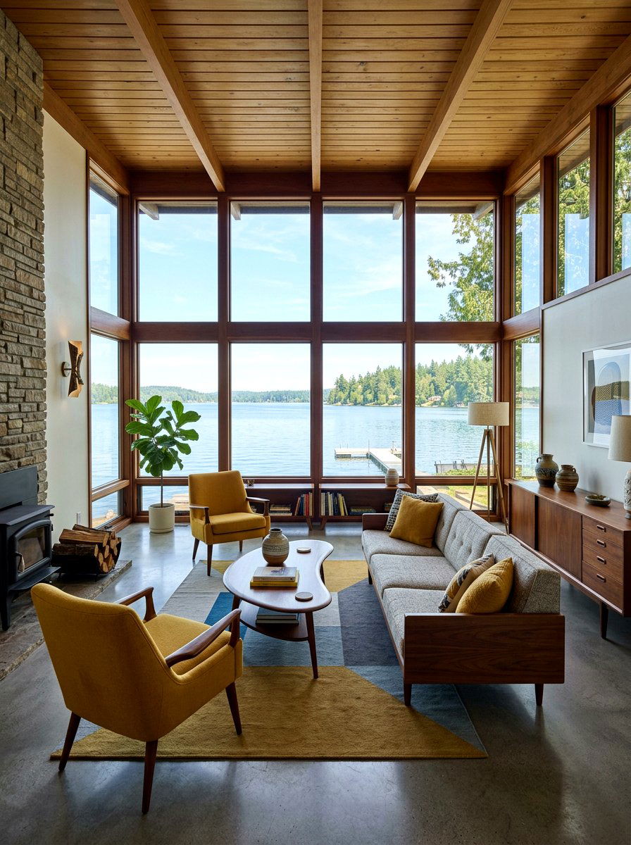 Mid century lake house - 30 lake house living room ideas