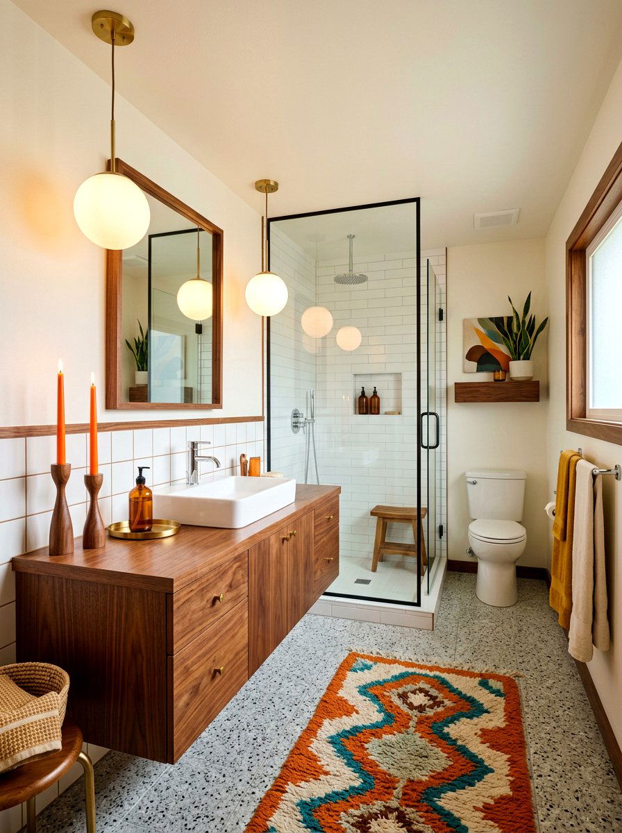 Mid century modern bathroom with tapered candles - 30 candlelit bathroom ideas